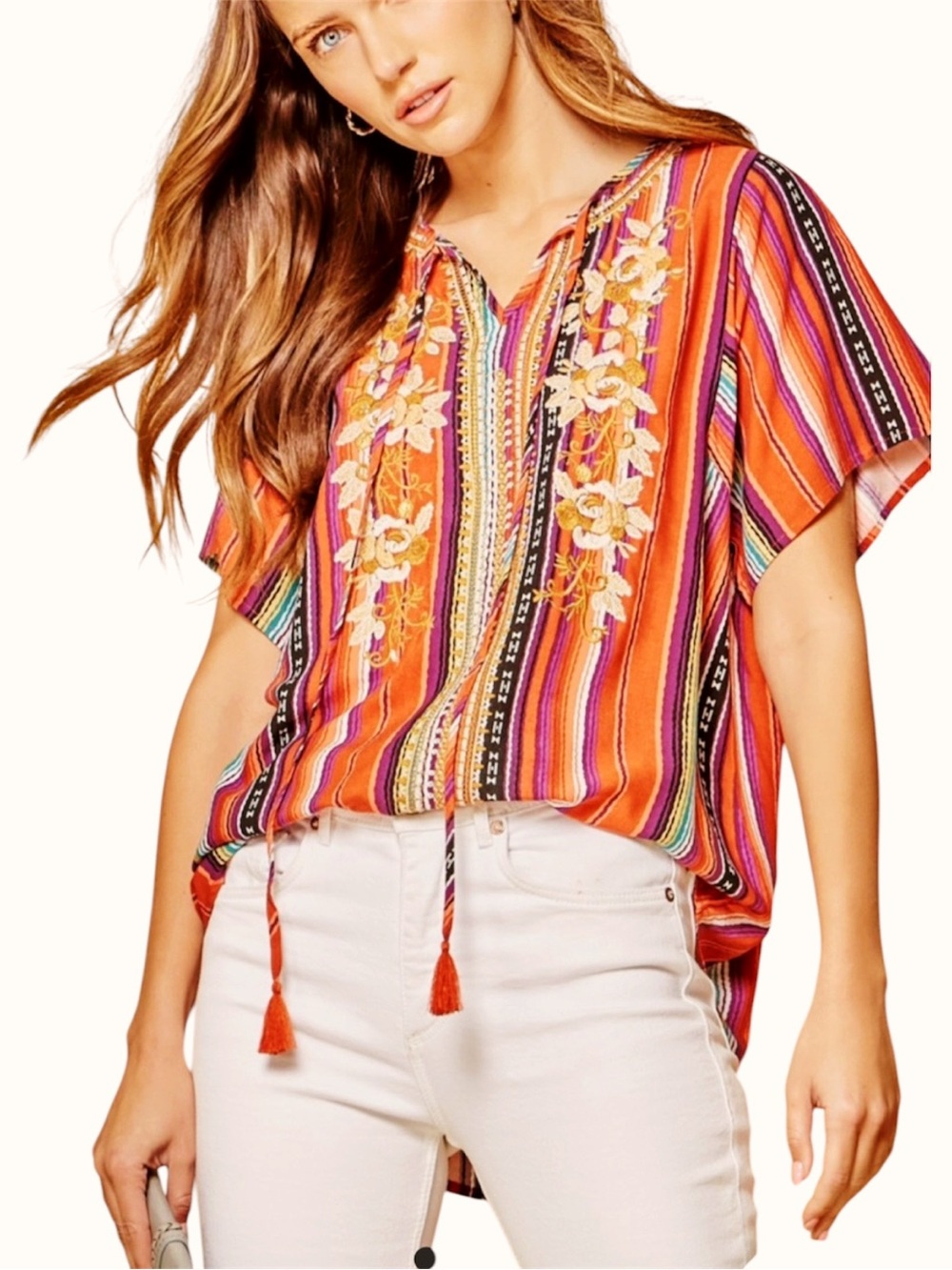 Savanna Jane 1X Embroidered Boho Peasant Top Tassel Tie Striped Floral - Picture 11 of 14